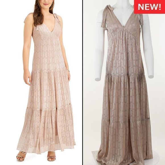 Taylor Metallic-Knit Smocked V-Neck a-Line Dress - Rose - Picture 1 of 5